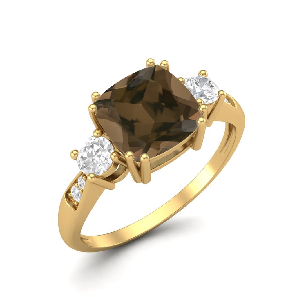 7mm Cushion Smoky Quartz 925 Sterling Silver Gold Vermeil Three Stone Women Engagement Ring