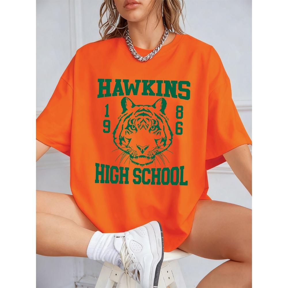 Школьные принты Hawkins Хлопковые футболки Женские Летние с коротким рукавом Уличные с круглым вырезом Оверсайз Футболка Женская одежда