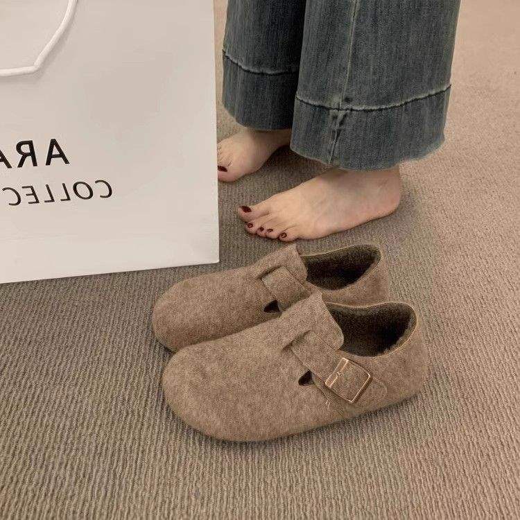 Ретро круглый носок фетровый флис Birkenstocks женские флисовые осенне-зимние на одной педали термохлопковые женские туфли шерстяные лоферы