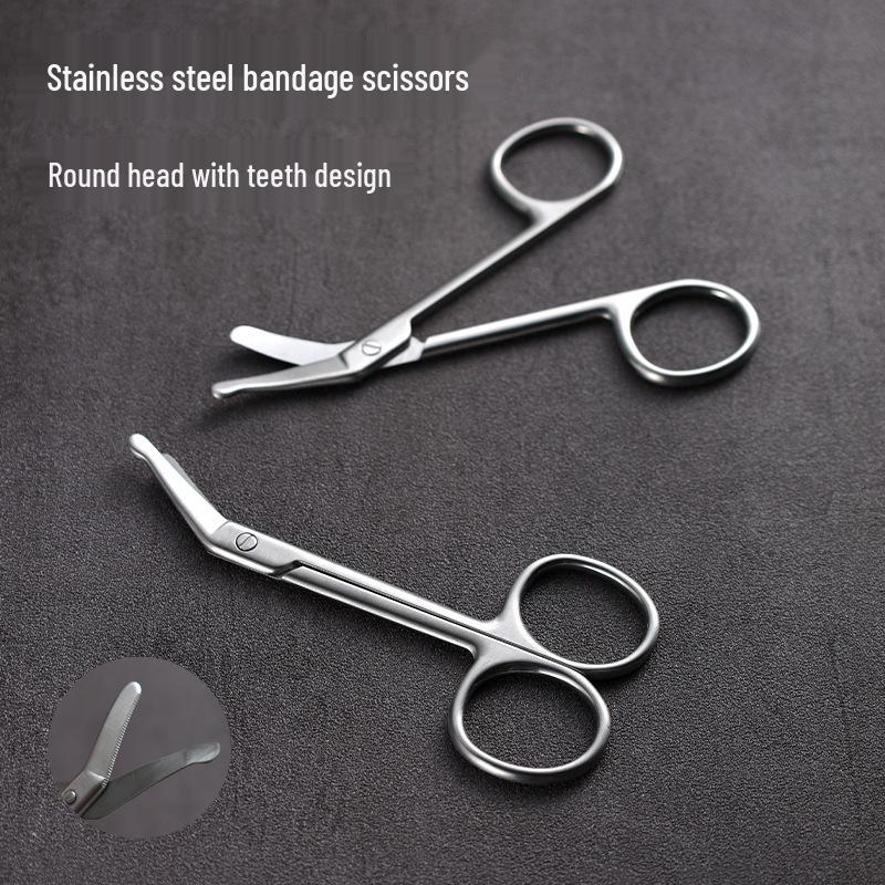 All-Steel Round Head Serrated Gauze Scissors for Bandages, Yarn, Fishing Line, Plaster, and Suture Removal.