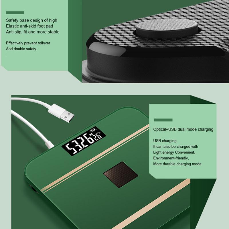 Цифровые весы, вес тела, USB + оптическая зарядка, Bluetooth, умный беспроводной анализатор жира BMI, портативное общежитие для ванной комнаты для девочек