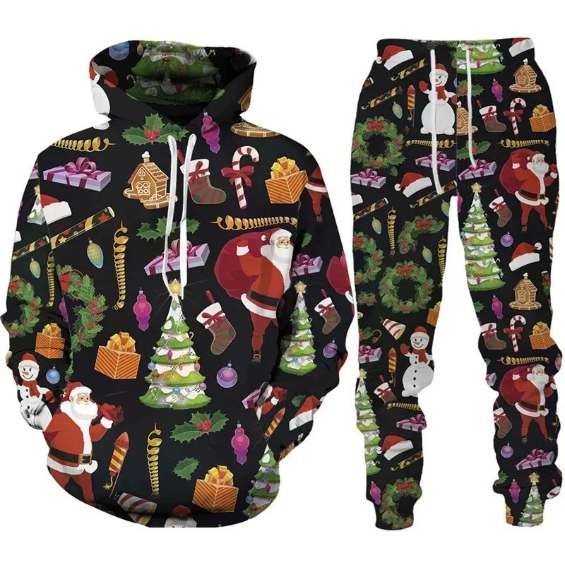Худи с 3D-принтом, костюм, Рождество, Дед Мороз, мужской, женский, спортивный костюм, брюки, наборы из 2 предметов, Новый год, праздничная вечеринка, повседневный пуловер, оверсайз