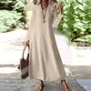 Женская мода V-образный вырез длинный рукав карман однотонный молния повседневный отпуск длинные хлопково-льняные платья