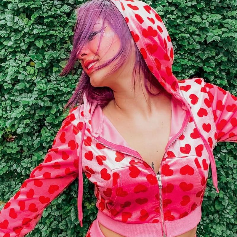 Бархатный укороченный топ с принтом сердца, женская осенняя куртка-бомбер, милые розовые пальто с длинными рукавами на молнии, зимняя