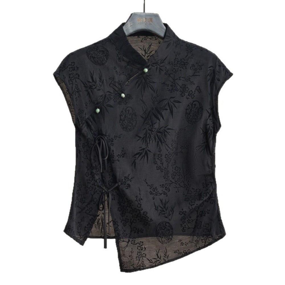 Short Sleeve Cheongsam T-Shirt Jacquard Weave Black Jacquard Shirt For Women