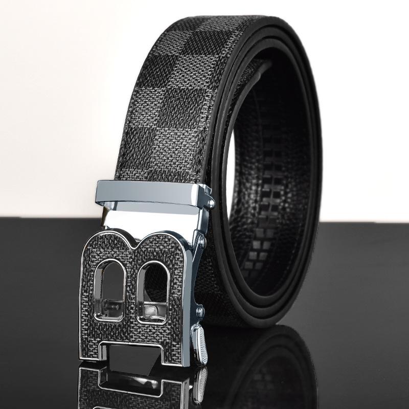 Men's Versatile Genuine Leather Belt with Automatic Plaid Buckle for Business and Casual Wear