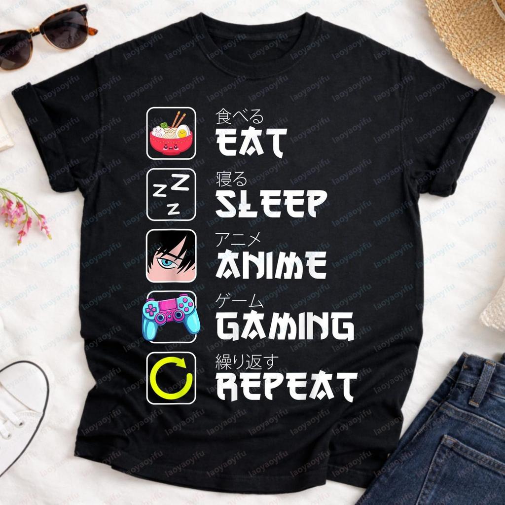Eat Sleep Anime Gaming Repeat Funny Unisexga Lover Otaku Gamer Tshirt Casual Fashion Loose Harajuku Oneck Unisex Unisex Clothing
