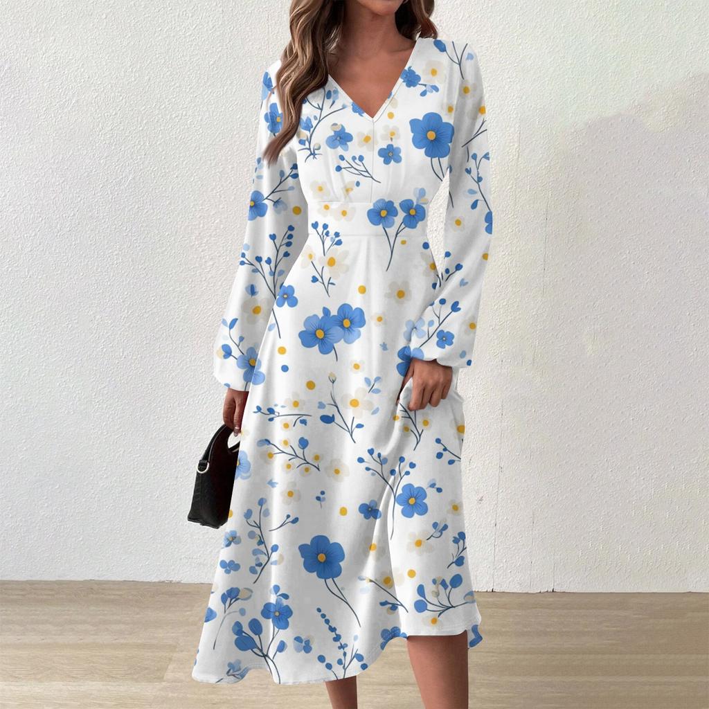Women's Casual Fashion V-Neck Long Sleeve Floral Print Long Dress