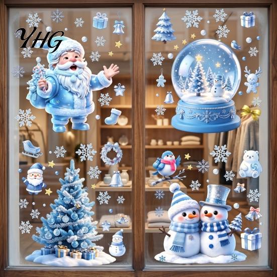 Seasonal Glass Surface Decals Christmas Snowflakes Santa Static Sticker, Waterproof PVC Window Claus Art Decal, Decorative Removable Cling for