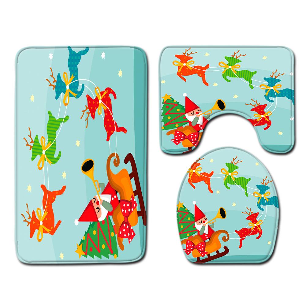 Christmas Shower Curtain Polyester Cloth Toilet Seat Four-Piece Set Entrance Door Mat Bedroom Living Room Floor Mat Carpet
