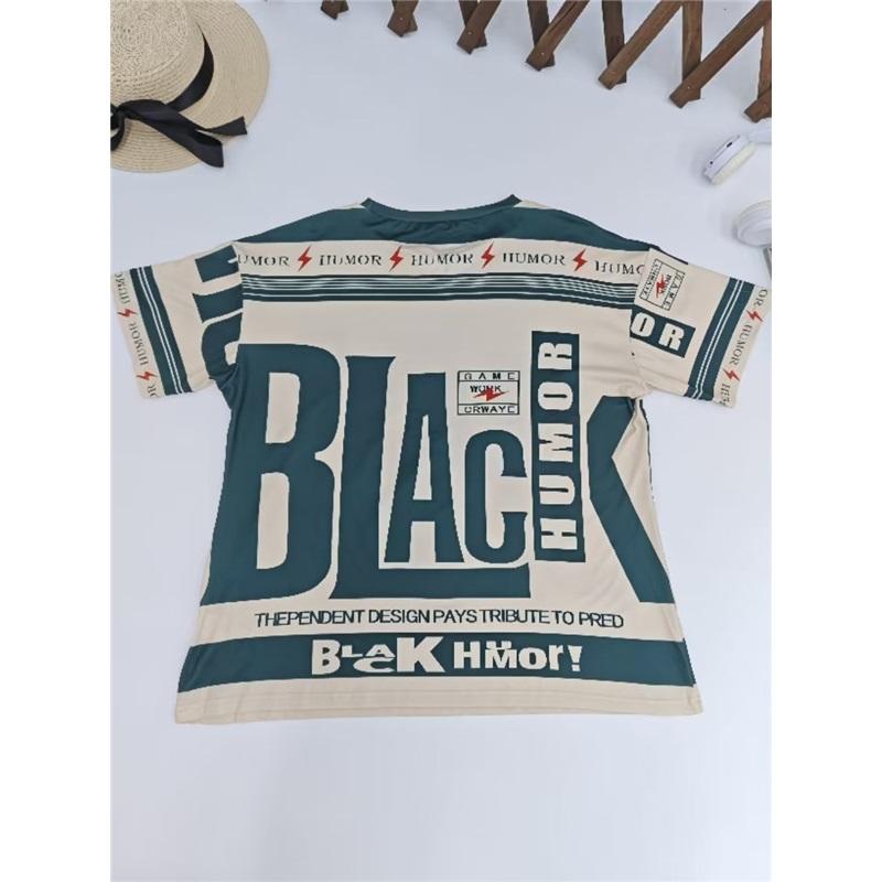 Большая американская ретро ЧЕРНАЯ футболка с принтом, короткий рукав, для женского уличного стиля, свободная и стройнящая, контрастный топ с половиной рукава