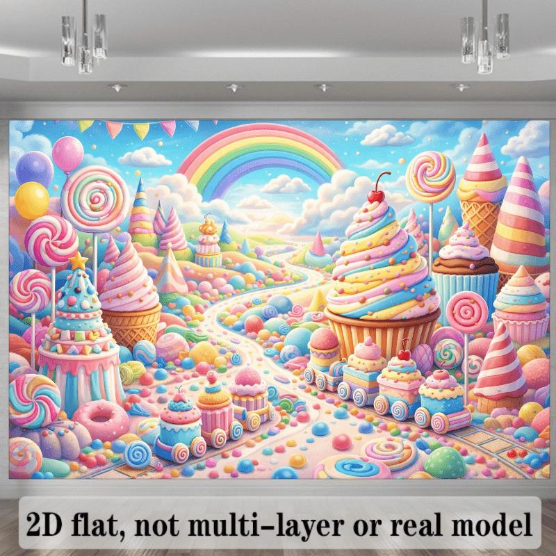 2D plane dreamy candy background fabric, pink convertible car, cream cherries, candy house, rainbow