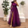 Women Evening Dress 3D Flower Decor One Shoulder Pleated Pleated Mesh Banquet