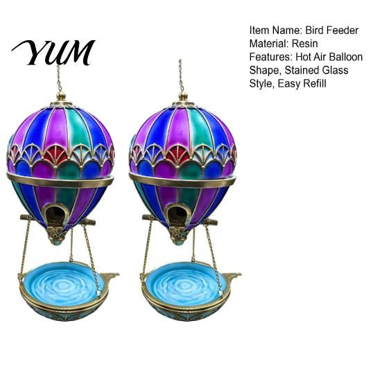 Hanging Water Bowl for Birds Stained Glass Hot Air Balloon Bird Feeder Fountain, with Fountain Easy Fill Tray, Vintage Bronze Outdoor Garden