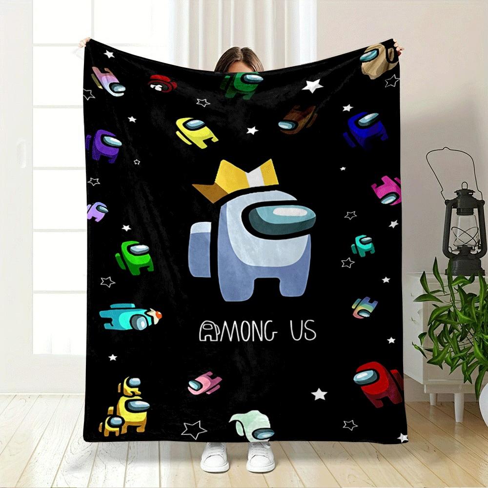 Colorful crewmates from Among Us scattered with stars on a black background. for all seasons blanket lunch break throw gift