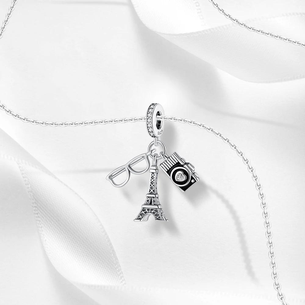 Creative 925 Silver Eiffel Tower Gold Heart Double Charm Fit DlY Bracelet Necklaces Women's Dating Jewelry Accessories