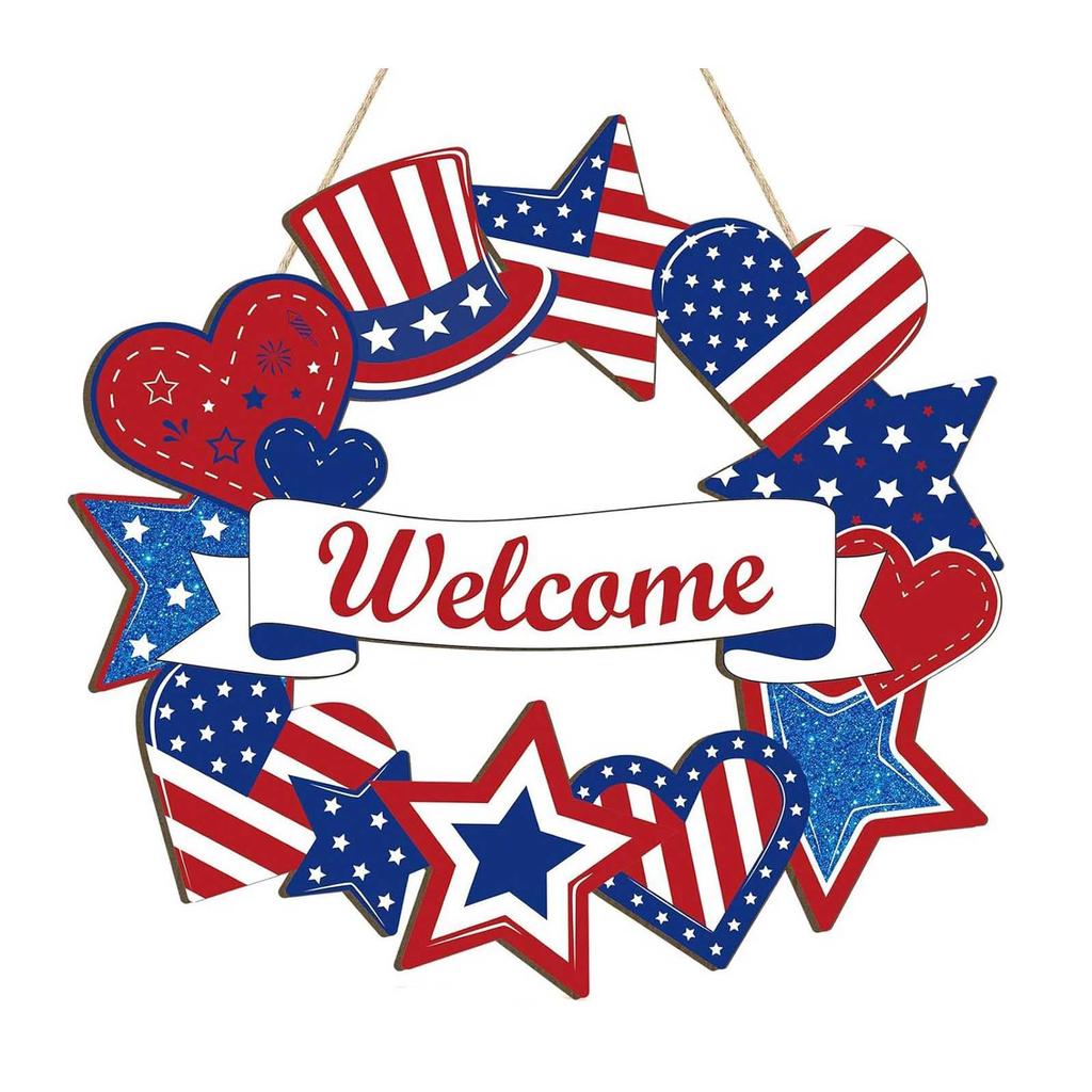 4th Of Welcome Door Sign, Patriotic Red Blue Wooden Hanging Decor