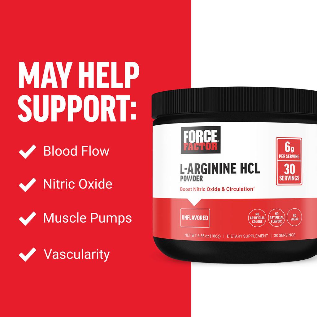 Force Factor L-Arginine HCL Powder, Unflavored, 6.56 Oz (186 G)