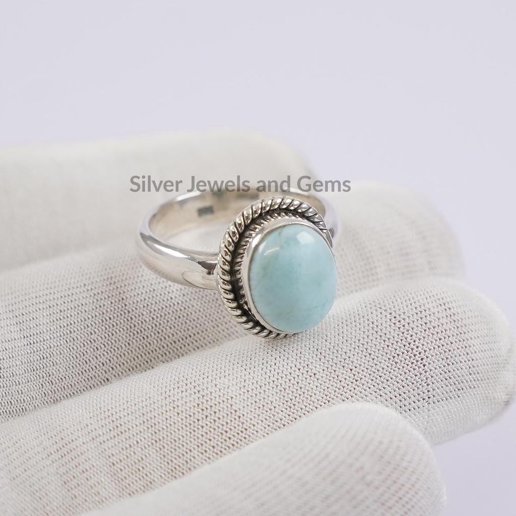 Natural Larimar Ring, Handmade Oval Gemstone Ring, 925 Sterling Silver Ring, Twisted Wire Ring, Birthday Ring