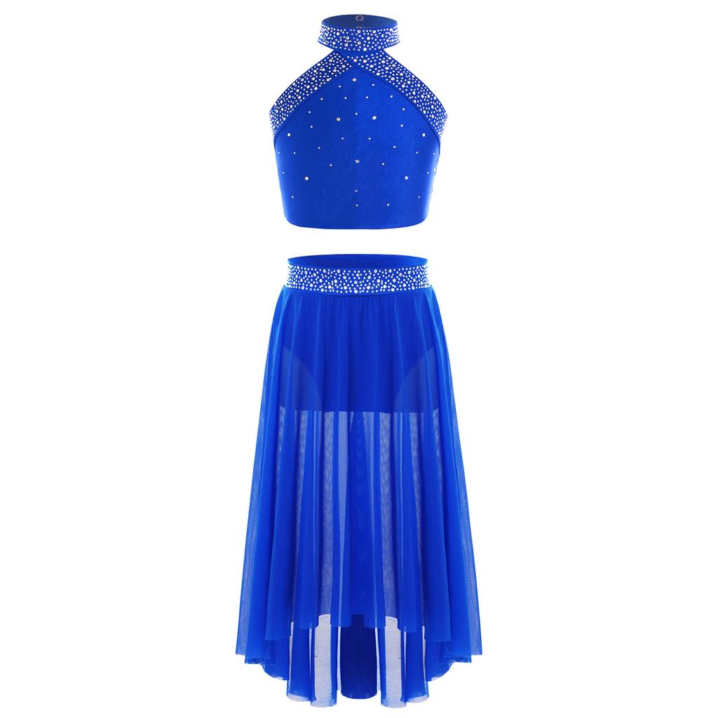 Girls Halter Neck Sleeveless Backless Rhinestone Vest High Low Mesh Skirt Set