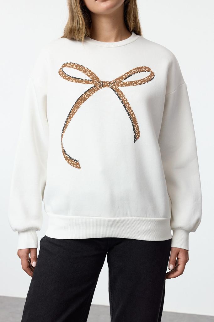 Women's Fashionable Stylish Sweatshirt Ecru Printed Oversize Wide Fit Crew Neck Thick Inside Fleece Knitted Sweatshirt