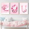 Pink Cartoon Unicorn Nursery Pink Flower Canvas Poster Wall Art Print Canvas Painting Wall Pictures Girls Bedroom Home Decor