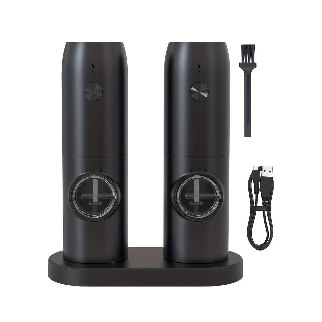 2-piece Electric Grinder with Charging Base,automatic Pepper grinder,USB Charging, Adjustable Thickness, Refillable, Automatic Grinder with LED Lights