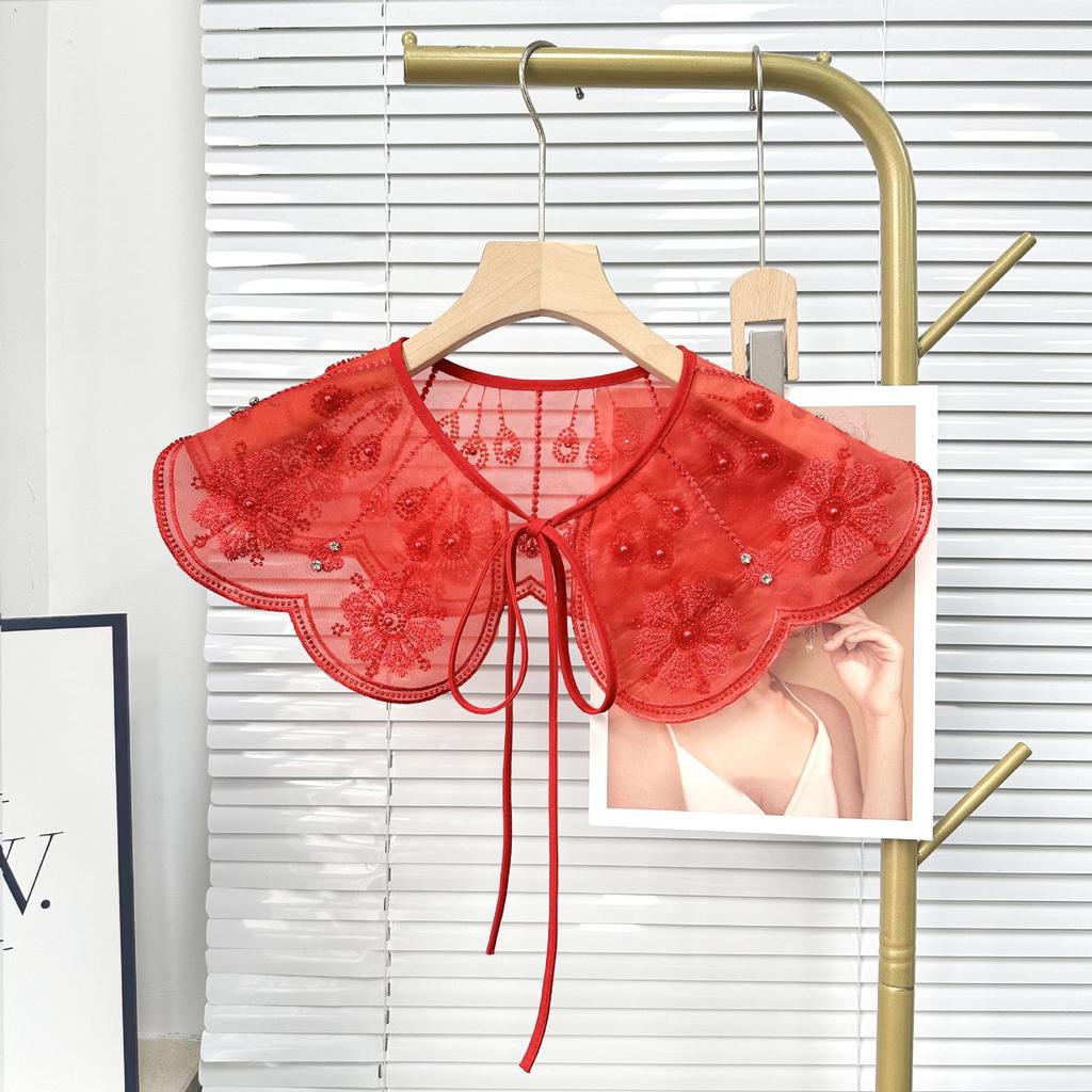 Hot Selling Ruffled Bow Tie Lace Collar with Beaded Detail for Women