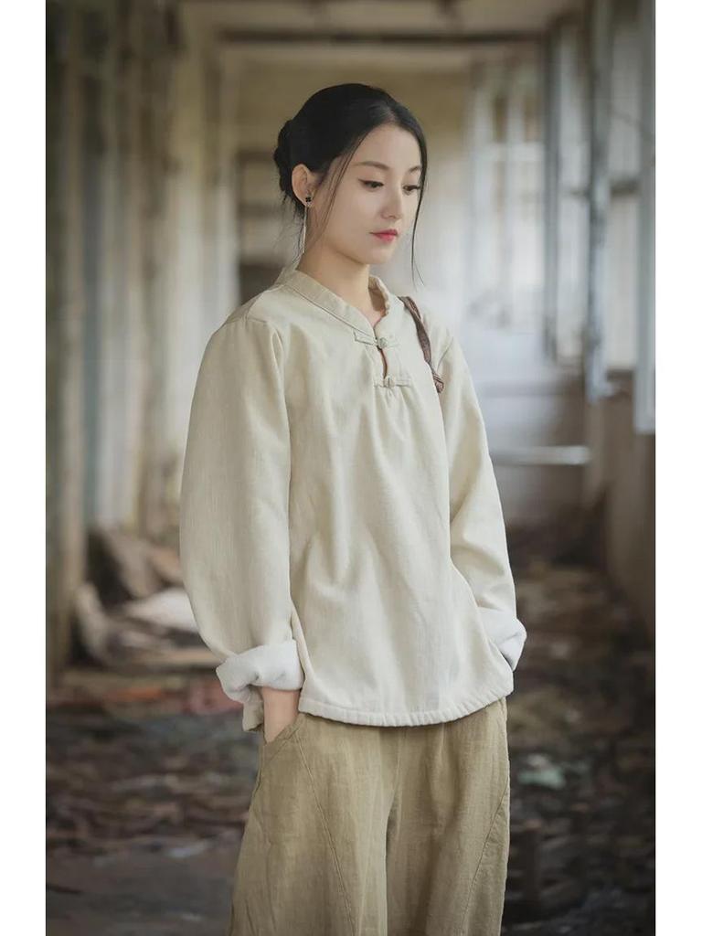 Женская рубашка из хлопка и льна в стиле ретро: Футболка весна/лето из бархата с пуговицами