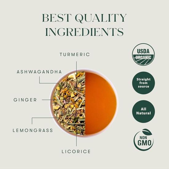 LUXMI Estates Astounding Ashwagandha Root Herbal Tea – 100g Loose Leaf Pack | USDA Organic | With Turmeric, Ginger, Lemongrass  | 50 Cups