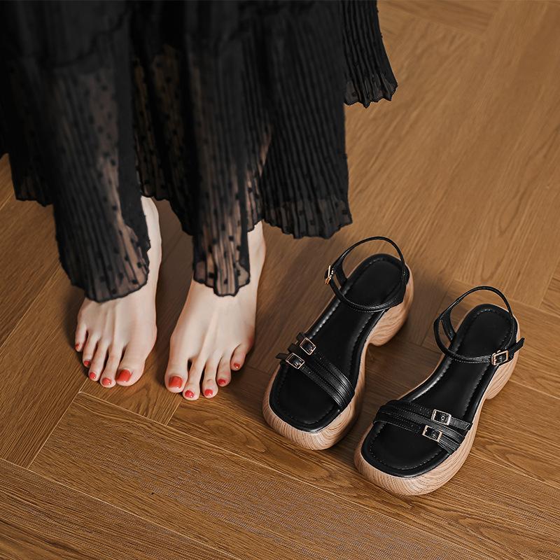 Тонкий ремешок, толстая подошва, каблук-маффин, сандалии с закрытым носком для женщин, летние новые модели, легкие и не утомляющие ноги, ретро римские туфли для женщин