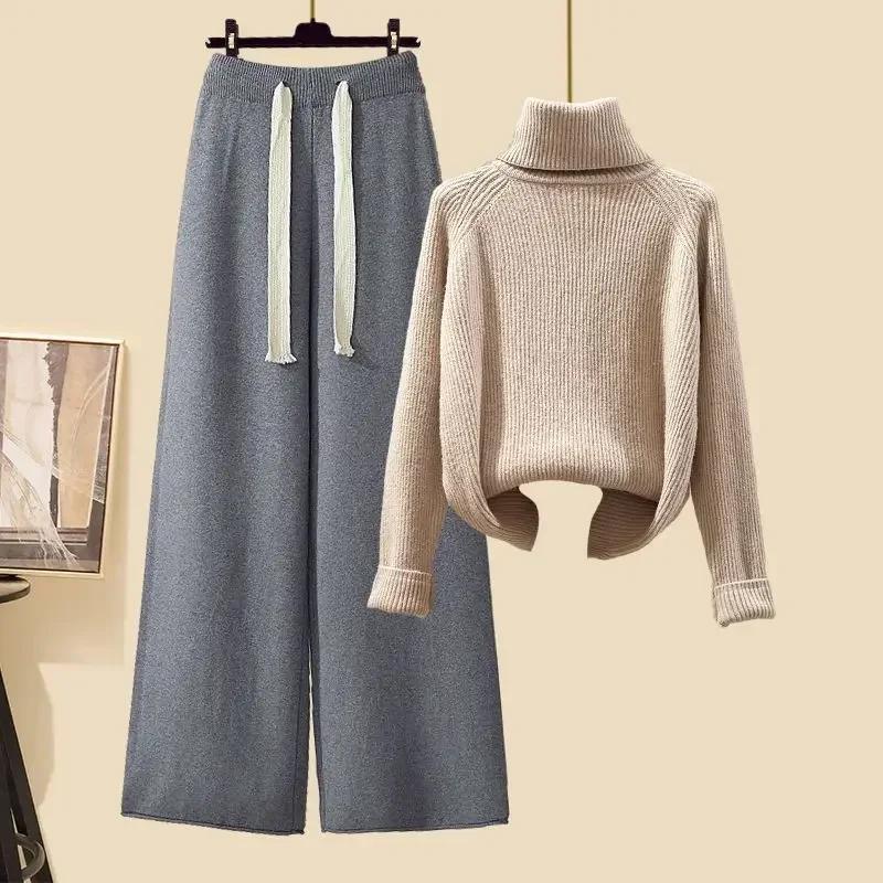 Autumn Winter Warm Knitwear Sets for Women Outfits Ladies Elegant Turtleneck Sweater+long Cardigan Jacket+wide Leg Pant Set