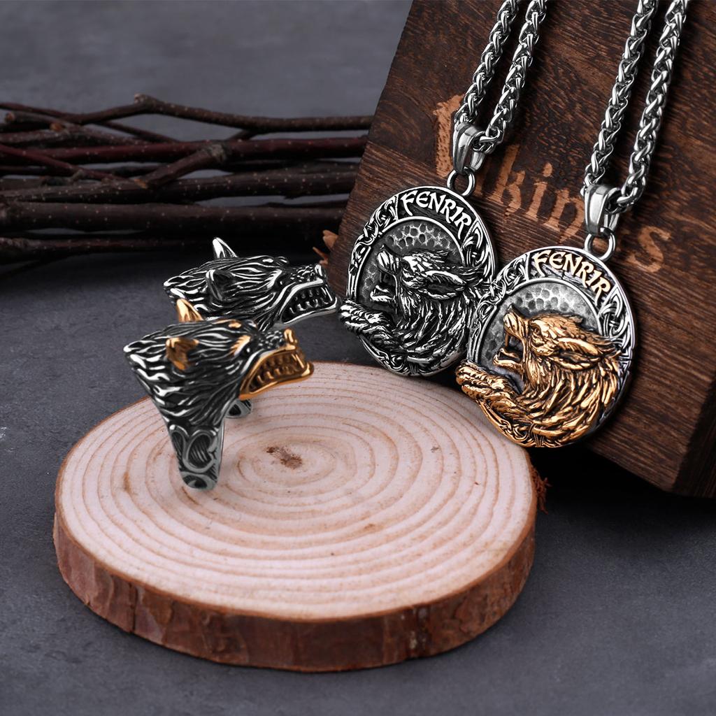 Stainless Steel Vintage Vikings Fenrir Wolf Head Necklace Mixed Gold Color Nordic Amulet Biker Pendant Jewelry Gift