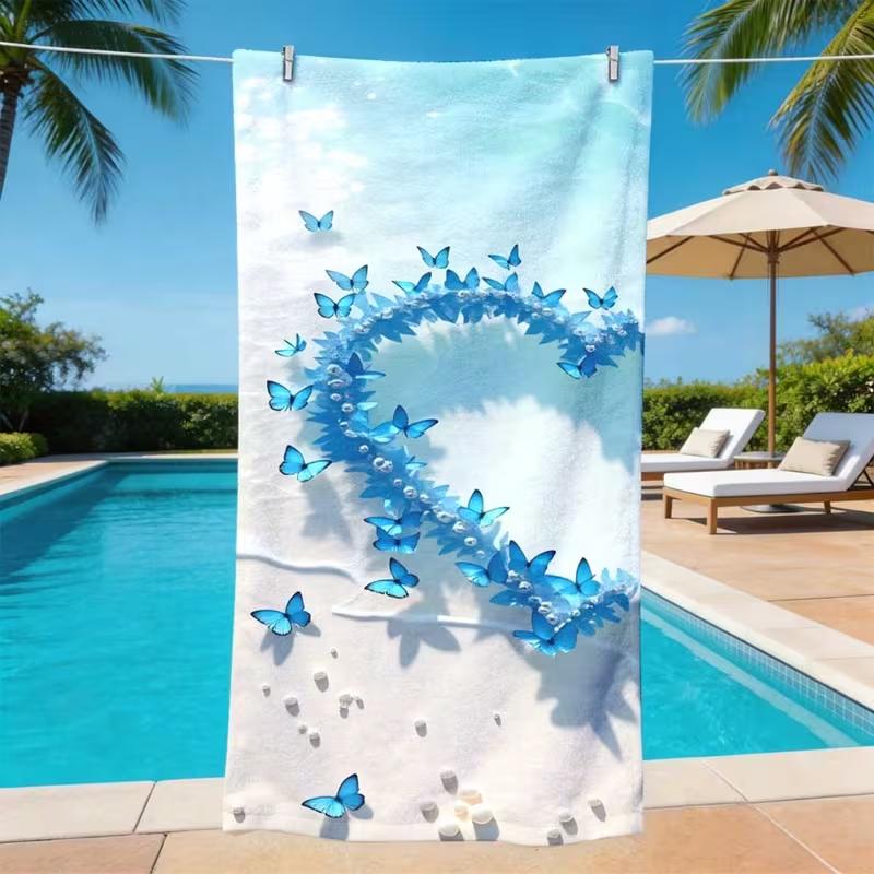 Blue Butterfly Heart Shape Print Beach Towel Quick Dry Sand Resistant Beach Blanket Soft Absorbent Summer Holiday Towel