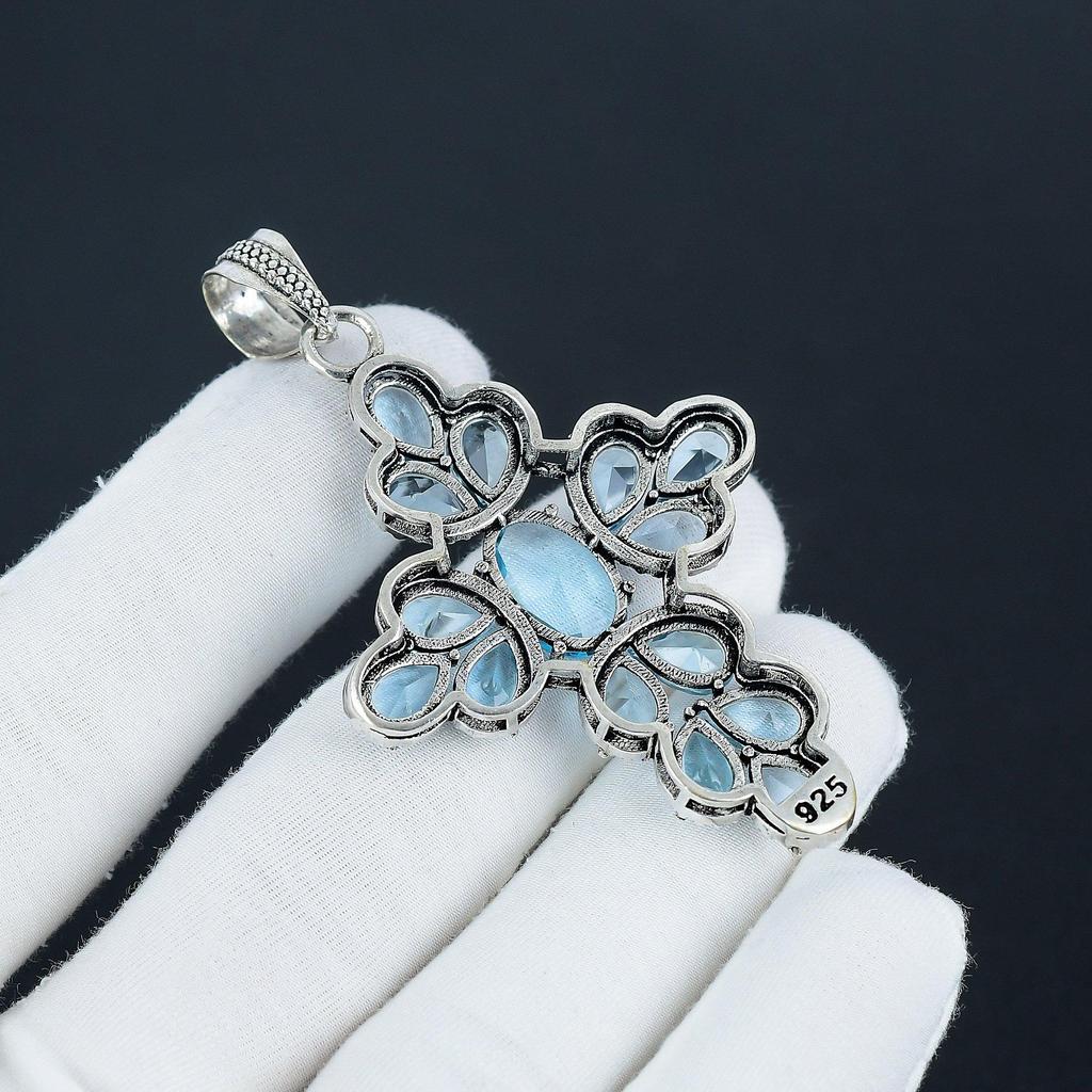 Удивительный серебряный крест с драгоценным камнем из голубого топаза из стерлингового серебра 925 пробы - дизайн груши ручной работы, повседневная одежда, праздничный наряд, подарок