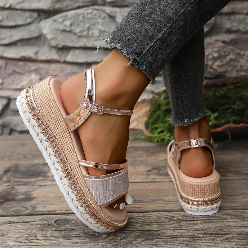 Женская обувь Женские сандалии с пряжкой на ремне Модные повседневные сандалии с открытым носком Женские летние босоножки на танкетке больших размеров