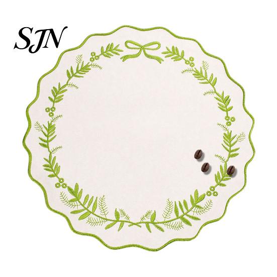 Large Round Placemats for Banquet Embroidered Placemat, 15 Inch Scalloped Leaf Bow Embroidery Retro Style Edge Table Pads Washable Fabric Heat