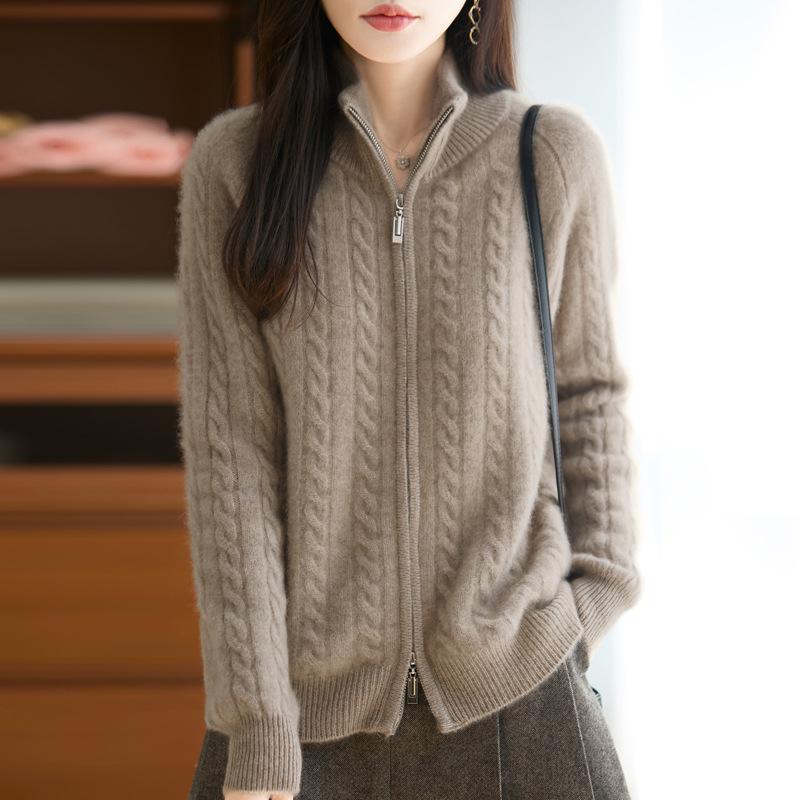 Women's Pure Wool Stand Collar Zipper Cardigan – Loose, Slimming, Skin-Friendly, Soft & Fluffy Knit Sweater for Autumn/Winter