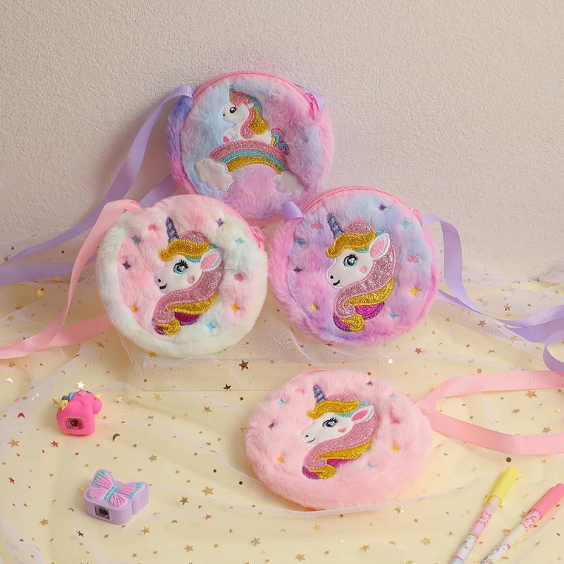 Children's Heart Shaped Shoulder Bag Unicorn Cartoon Plush Love Crossbody Bag Kindergarten Girls' Candy Storage Bag