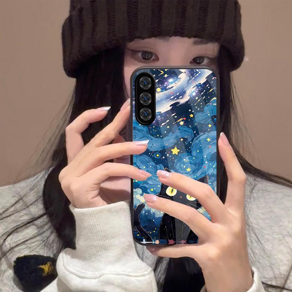 Чехол для Samsung Galaxy S26 S25 Edge Аниме Черный Кот Звездное Облако Печать Чехол для Телефона Акриловая Жесткая Задняя Крышка С Гибким TPU Краем