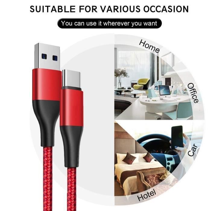 Lot de 3 Câble USB-C Rapide pour Samsung Galaxy A56 A55 A26 A25 A15 A05s A35 S24 Ultra S24 FE - 1M Rouge Nylon Tressé