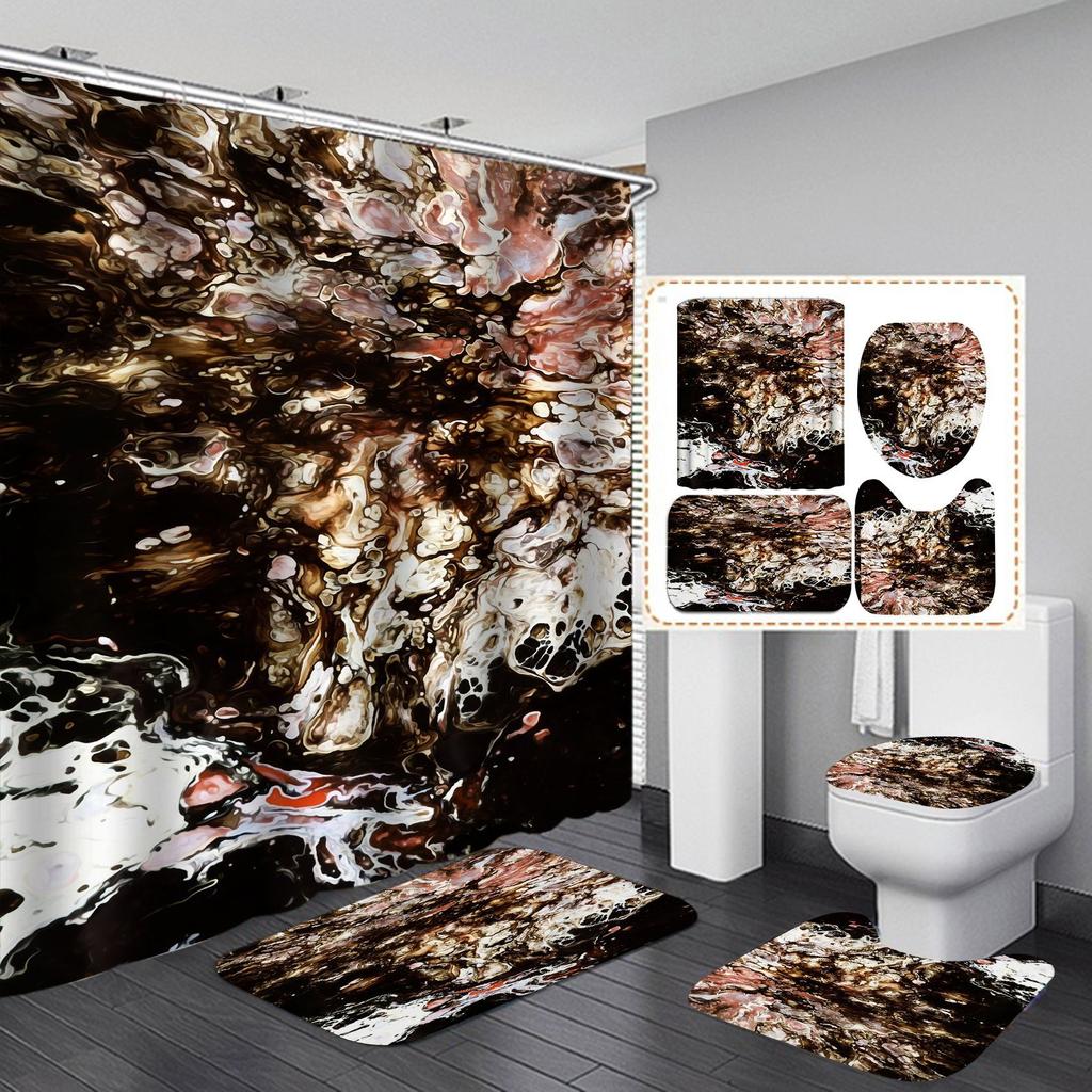 4Pcs Luxury Marble Shower Curtain Sets Bathroom Decor Sets with 12 Hooks Bath Mat Toilet Lid Rug and Non-Slip U Shape Mat