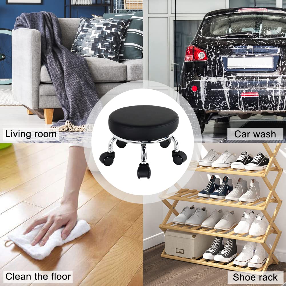 WKWKER Modern Stool with PU Circular Rolling Small Multidirectional Wheeled Low Height Suitable for Home Garages and Stores Wheels, Leather, Stool,