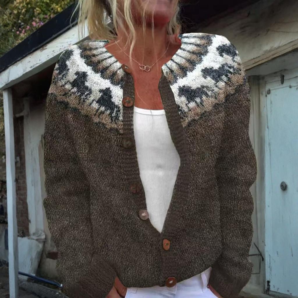 Кардиганы в стиле Fair Isle для женщин, с круглым вырезом, свободного кроя, на пуговицах, объемный свитер, с открытой передней частью, повседневная вязаная куртка на осень