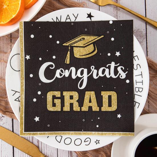 20 листов/набор 2025 Поздравляем Выпускной Салфетка Толстая Квадратная Одноразовая Колледж Выпускной Вечеринка Украшения Бакалавр Шляпа Обеденная Бумажная Салфетка
