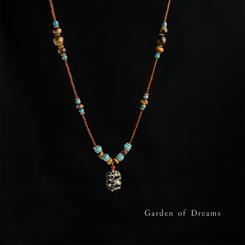 Ожерелье из бусин ручной работы из тигрового глаза и чешского стекла: Этнический стиль, Художественная цепочка для свитера для женщин