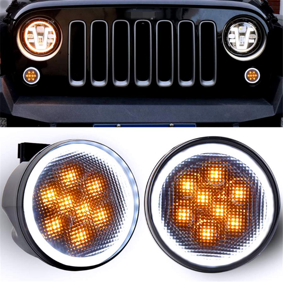 Pair LED Amber Grill Turn Signal Light for Jeep Wrangler JK 07-18 Halo Ring Angel Eye DRL Smoke Lens