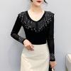 Spring Autumn Women's Ruffles Hotfix Rhinestone T-Shirt Elegant Full Sleeve Tees Slim Ladies Tops