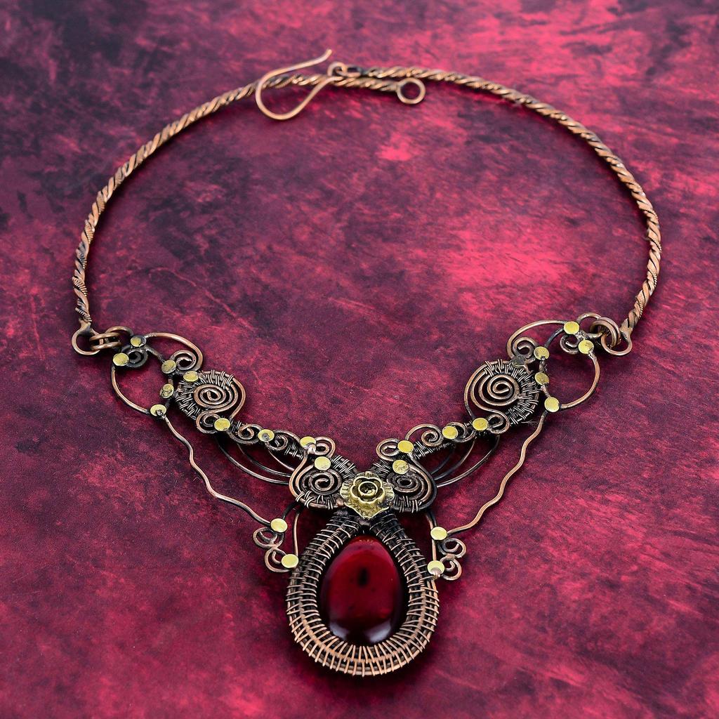 Красный Огненный Лабрадорит Камень Ожерелье Медная Проволока Обмотка Регулируемое Ожерелье