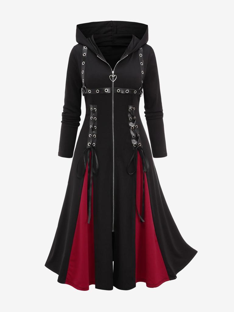 Пальто Rosegal Plus Size из искусственной кожи с капюшоном, на молнии, со шнуровкой и полосками